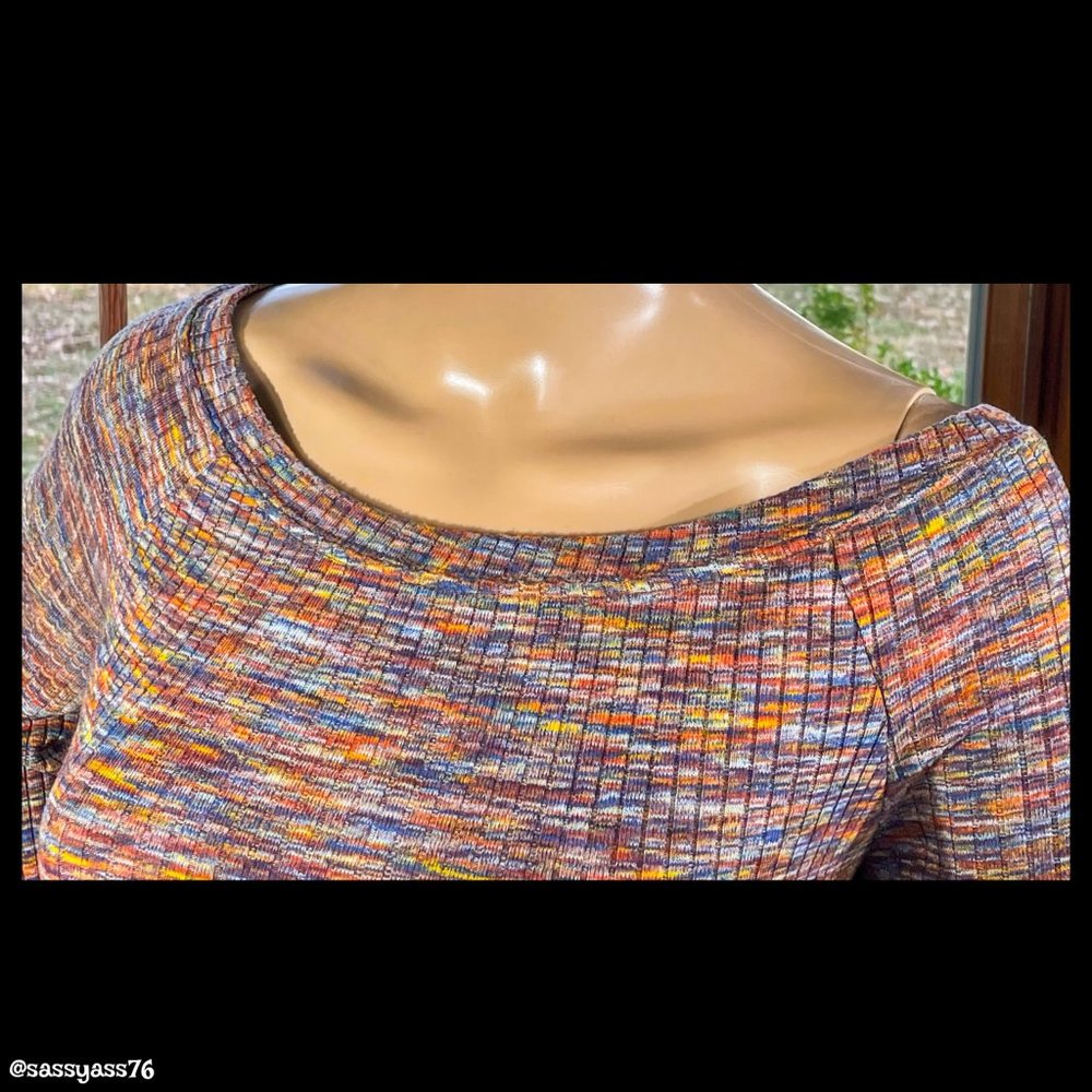 ▪️ANTHRO▪️AKEMI + KIN▪️Thin Ribbed Rainbow Spacedye ZAKA Bell Sleeve Top - Picture 3 of 7